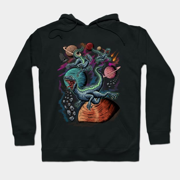 T-Rex Dinosaur Flying in Space Galaxy Hoodie by Lazarino